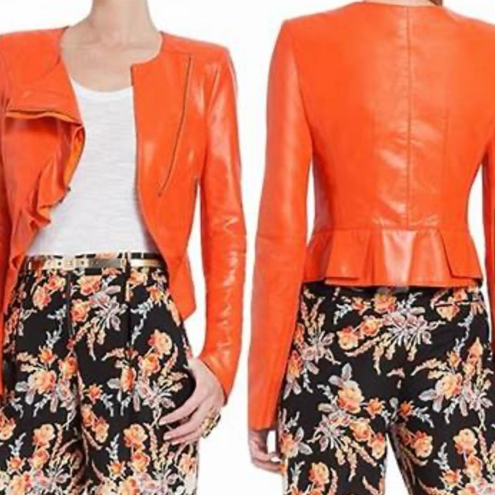 BCBGMaxAzria Orange Leather Jacket Sz Small